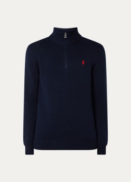 Ralph Lauren Heren Ribgebreide trui met halve rits en logoborduring in de kleur Hunter navy/Rood PP / Donkerblauw