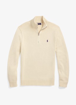 Ralph Lauren Heren Ribgebreide trui met halve rits en logoborduring in de kleur Creme