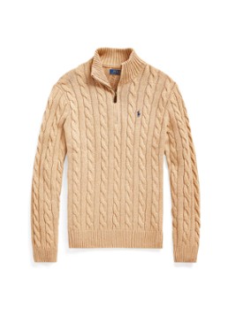 Ralph Lauren Heren Kabelgebreide trui met logoborduring in de kleur Camel Melange / Camel