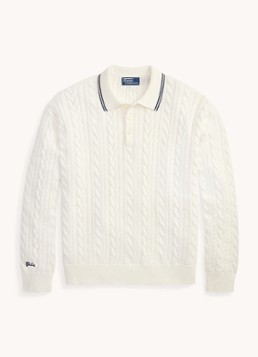 Ralph Lauren Heren Relaxed fit kabelgebreide trui in linnenblend met polokraag in de kleur Trophy Cream / Crème