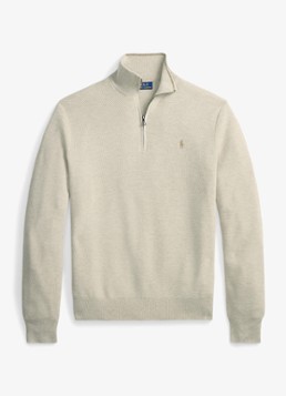 Ralph Lauren Heren Fijngebreide trui met halve rits en logoborduring in de kleur Nutmeg Brown / Bruin