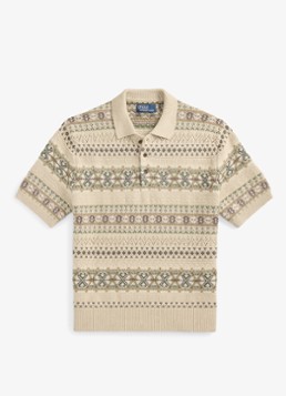 Ralph Lauren Heren Fair Isle fijngebreide slim fit polo in linnenblend met ingebreid patroon in de kleur Tan Combo / Beige