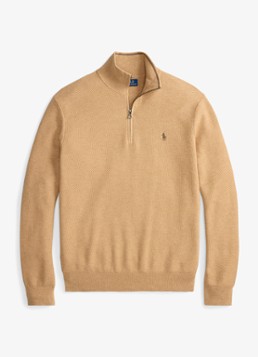 Ralph Lauren Heren Fijngebreide trui met halve rits en logoborduring in de kleur Camel Melange / Bruin