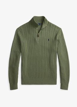 Ralph Lauren Heren Kabelgebreide trui met halve rits in de kleur Cargo Green / Legergroen