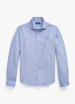 Ralph Lauren Heren Custom fit overhemd in linnenblend met streepprint in de kleur Newport Navy White / Blauw