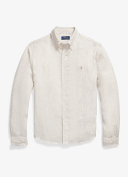 Ralph Lauren Heren Custom fit overhemd van linnen met streepprint in de kleur Coastal Beige/White / Beige