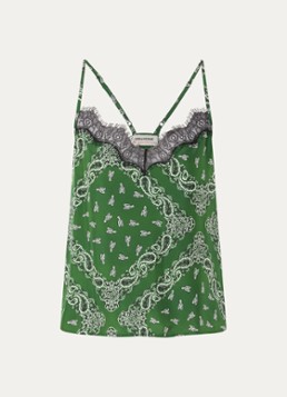 Zadig&Voltaire Dames Cespa spaghettitop van zijde met details van kant en paisley dessin in de kleur Donkergroen