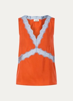 Zadig&Voltaire Dames Tasao top van satijn met details van kant in de kleur Oranjerood