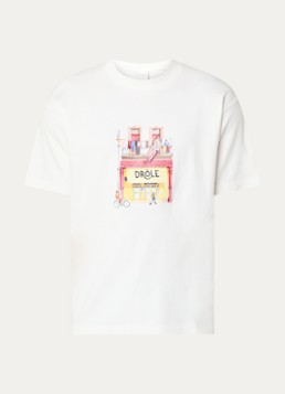 Drôle de Monsieur Heren Café T-shirt met logoprint in de kleur Gebroken wit, maat: S