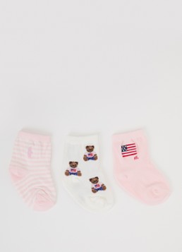 Ralph Lauren Meisjes Polo Bear sokken met print en logo in 3-pack in de kleur Lichtroze, maat: 18/24M=92