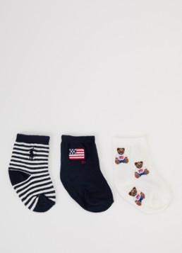 Ralph Lauren Meisjes Polo Bear sokken met print en logo in 3-pack in de kleur Donkerblauw, maat: 18/24M=92