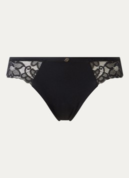 BOSS Dames Kanten slip met mesh plooitjes en goudkleurig bedeltje in de kleur Zwart