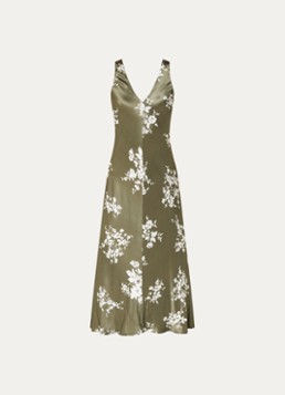 Rails Dames Camelia maxi jurk van satijn met print in de kleur Mosgroen