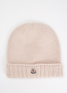 Moncler Jongens Grofgebreide muts van wol met logo in de kleur Lichtroze, maat: L