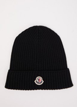 Moncler Meisjes Ribgebreide muts van wol met logo in de kleur Zwart, maat: L