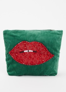 Anna + Nina Beaded Pout make-up tas met borduring en kralendecoratie Donkergroen - Deal