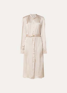 Fifth House Dames Marion midi blousejurk van satijn met strikceintuur in de kleur Beige