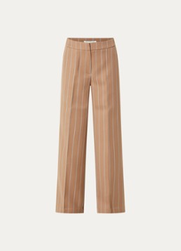 Fifth House Dames Maeve mid waist wide fit pantalon in wolblend met krijtstreep in de kleur Bruin