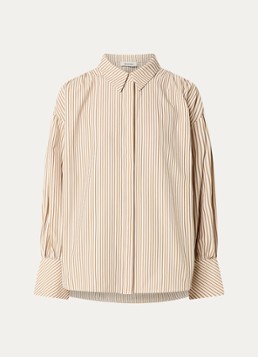 Modström Dames Baldvin blouse met trompetmouw en streepprint in de kleur Donkerbeige