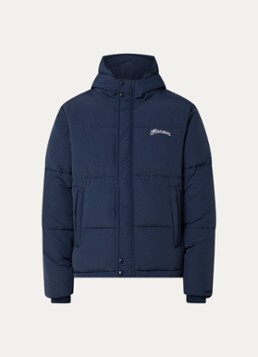 FLÂNEUR Heren Signature puffer jack met capuchon en logo in de kleur Donkerblauw, maat: XL