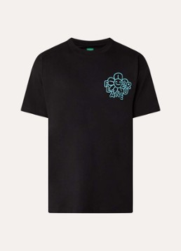 FLÂNEUR Heren Happy Flower T-shirt met logo- en backprint in de kleur Zwart, maat: S
