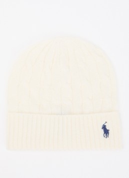 Ralph Lauren Dames Kabelgebreide muts in kasjmierblend met logoborduring in de kleur Ivoor, maat: OSZ