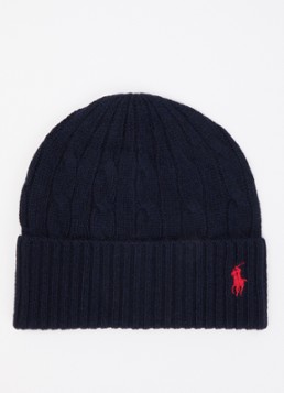 Ralph Lauren Dames Kabelgebreide muts in kasjmierblend met logoborduring in de kleur Donkerblauw, maat: OSZ