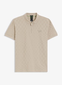 BOSS Heren Regular fit polo met ingebreid patroon en halve rits in de kleur Beige