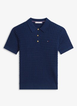 Tommy Hilfiger Dames Kabelgebreide polo met logoborduring in de kleur Donkerblauw