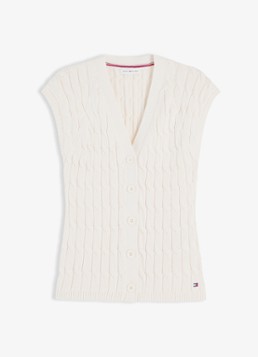 Tommy Hilfiger Dames Grofgebreid vest met logoborduring in de kleur Ivoor