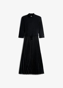Tommy Hilfiger Dames Midi jurk met ribstructuur en plissé in de kleur Zwart