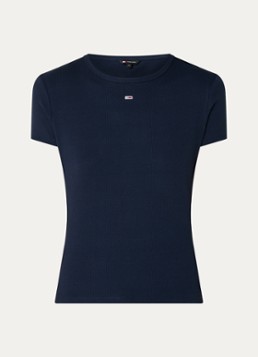 Tommy Hilfiger Dames T-shirt met ribstructuur en logoborduring in de kleur Donkerblauw