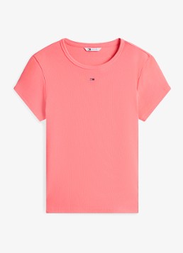Tommy Hilfiger Dames T-shirt met ribstructuur en logoborduring in de kleur Roze