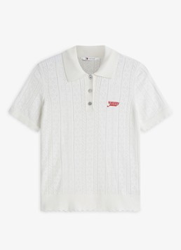 Tommy Hilfiger Dames Fijngebreide polo met opengewerkt dessin in de kleur Gebroken wit