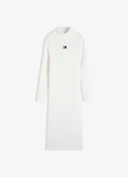 Tommy Hilfiger Dames Grofgebreide midi jurk met logo en col in de kleur Gebroken wit