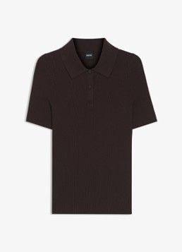 BOSS Dames Feskus ribgebreide polo met logostiksel in de kleur Dark Brown-207 / Bruin