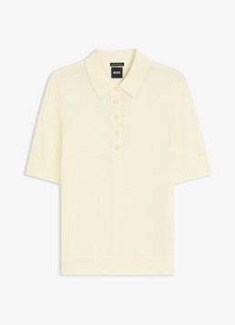 BOSS Dames Trui van merinowol met korte mouwen en polokraag in de kleur Beige