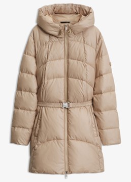 BOSS Dames Gewatteerde parka met capuchon en afneembare riem in de kleur Beige
