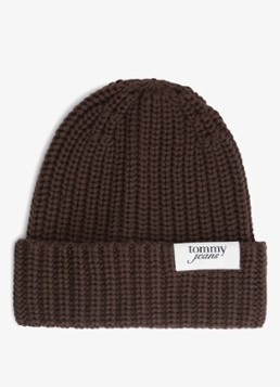 Tommy Hilfiger Dames Chunky Rib-Knit Logo Beanie in de kleur Bruin