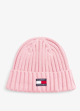 Tommy Hilfiger Dames Heritage ribgebreide muts met logo in de kleur Roze