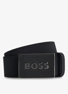 BOSS Heren Riem van Italiaans leer met logo op koppelsluiting in de kleur Diepzwart