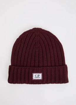 C.P. Company Heren Grofgebreide muts van merino wol met logo in de kleur Bordeauxrood, maat: OS