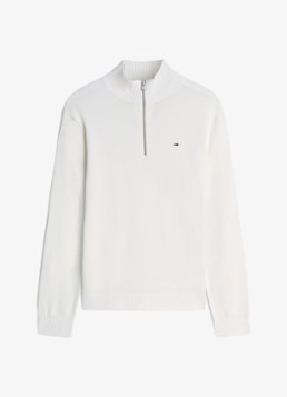 Tommy Hilfiger Heren Fijngebreide trui van katoen met halve rits in de kleur Gebroken wit