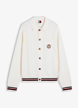 Tommy Hilfiger Heren Kabelgebreid vest met borstzak in de kleur Gebroken wit