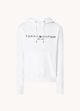 Tommy Hilfiger Heren Hoodie met kangoeroezak en logoborduring in de kleur White / Wit