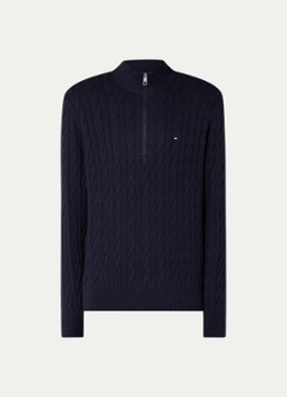 Tommy Hilfiger Heren Kabelgebreide trui met halve rits en logo in de kleur Donkerblauw
