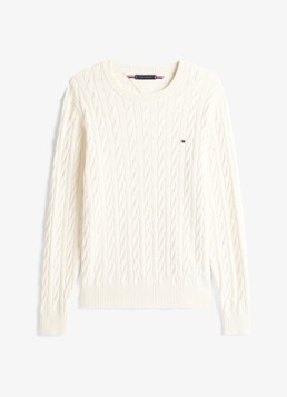 Tommy Hilfiger Heren Flag Embroidery Cable Knit Jumper in de kleur Ivoor