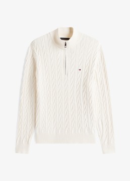 Tommy Hilfiger Heren Kabelgebreide trui met halve rits en logo in de kleur Gebroken wit