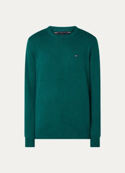 Tommy Hilfiger Heren Fijngebreide pullover in kasjmierblend met logoborduring in de kleur Zeegroen