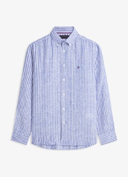 Tommy Hilfiger Heren Regular fit overhemd van linnen met streepprint in de kleur Wedge Blue / Stripe-0A4 / Blauw